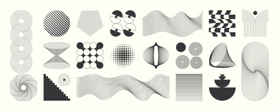 Naklejki Abstract minimal element mid century vector set. Aesthetic contemporary stripe line art, geometric shape in monochrome. Art form design for wall art, decoration, wallpaper. 