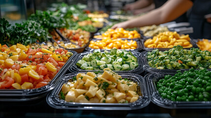 Buffet table with a variety of foods at an office event, employees enjoying business lunch or party, catering setup, lively atmosphere, blurred background for context