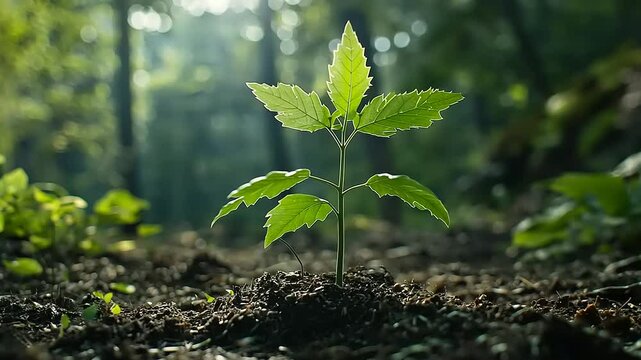 Young sapling emerging from rich soil in a serene forest, sunlight filtering through trees
