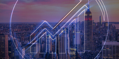 forex chart on cityscape with skyscrapers wallpaper double exposure. financial research concept.