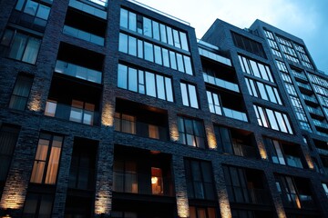 A contemporary apartment building with dark brick and glass design details in evening light.