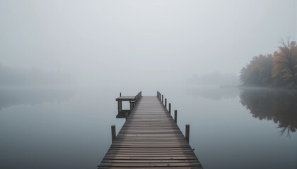 Fototapeta premium Long Wooden Pier Extending into Foggy Lake