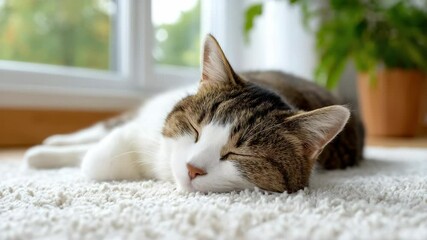 Sleepy cat domestic pet with white and brown fur lying soft carpet, peaceful home interior, relaxed mood, cozy atmosphere, green plant and window view, tabby feline animal sleeping white carpet - Powered by Adobe