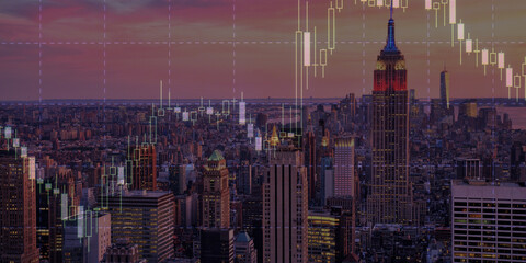 forex chart on cityscape with skyscrapers wallpaper double exposure. financial research concept.