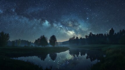Milky Way Reflected in Calm River at Night with Trees and Foggy Fields Landscape