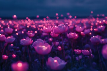 A field of pink flowers with glowing lights in the background. An enchanting neon flower field blooming beautifully at twilight a magical experience.