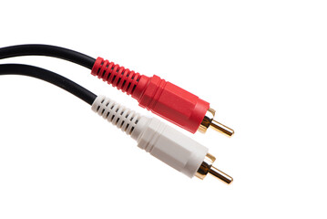Close-up of RCA audio cables with red and white connectors