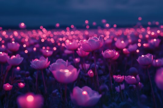 A field of pink flowers with glowing lights in the background. An enchanting neon flower field blooming beautifully at twilight a magical experience.