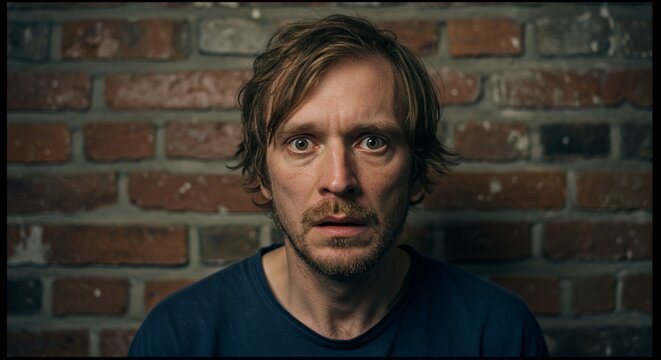 A Man's Shocked Expression Against Brick Wall