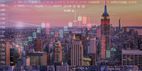 forex chart on cityscape with skyscrapers wallpaper double exposure. financial research concept.