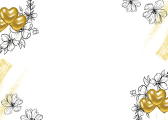 Romantic wedding invitation template featuring gold heart balloons and floral accents.