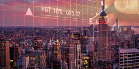 forex chart on cityscape with skyscrapers wallpaper double exposure. financial research concept.