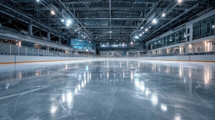 Fototapeta premium Empty hockey rink with pristine ice, a quiet stage awaiting the game's energy