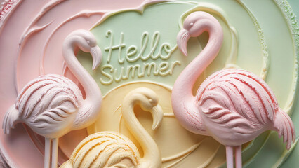 Hello Summer text and pastel flamingos made of ice cream. Summertime, summer food concept. 