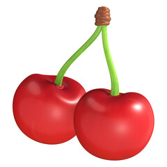 A perfect pair of glossy, bright red cherries with connected green stems are rendered in a clean 3D style.