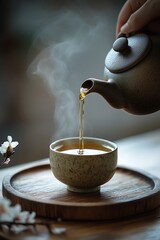 A minimalist Japanese-style scene showing a hand pouring warm green tea from a clay teapot into a small ceramic cup.