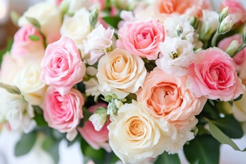 A bouquet of pink and white roses. The roses are arranged in a vase and are in full bloom. Beautiful delicate spring or summer flowers.