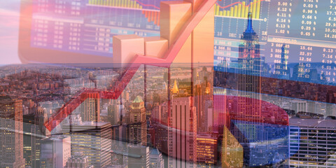 forex chart on cityscape with skyscrapers wallpaper double exposure. financial research concept.