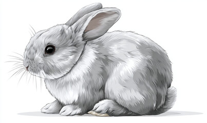 A detailed illustration of a fluffy gray rabbit sitting on white background