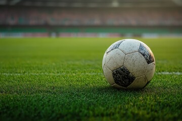 Fototapeta premium Soccer ball resting on the green field at a lively stadium during an afternoon match, Soccer ball on the green field at soccer stadium