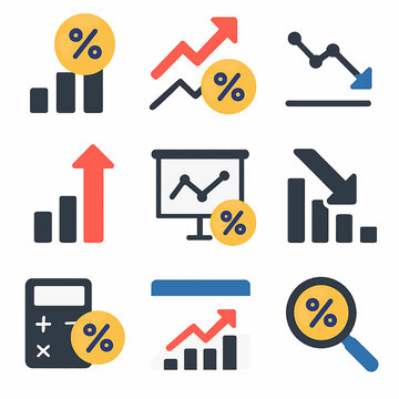 Collection of percentage-related financial chart icons showing growth and decline trends.