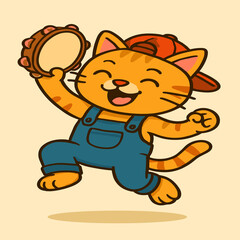 A playful cartoon cat jumps mid-air while playing a tambourine, wearing overalls and a sideways cap in a funny style.