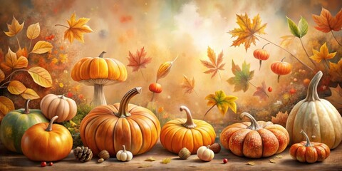 Autumnal Still Life Featuring Pumpkins and Falling Leaves on a Wooden Table