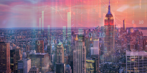 forex chart on cityscape with skyscrapers wallpaper double exposure. financial research concept.
