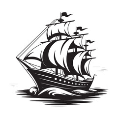 Vintage Sailing Ship Silhouette Vector with Waves