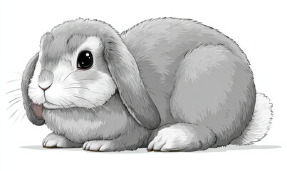 A grey lop eared rabbit with big black eyes sitting on a white surface