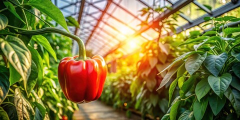 A vibrant red bell pepper hangs ripe and ready for harvest in a sun-drenched greenhouse, showcasing the beauty of agricultural cultivation