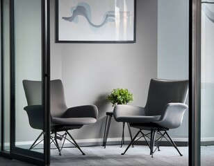 Fototapeta premium Professional interview room with a frosted glass door, modern grey chairs, and minimalist artwork