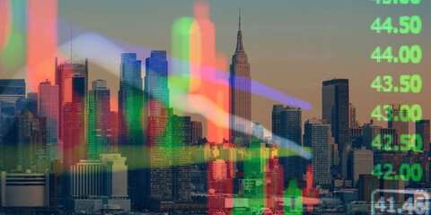 forex chart on cityscape with skyscrapers wallpaper double exposure. financial research concept.