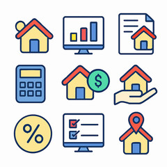 Real estate icons depicting home buying, finance, and property management.
