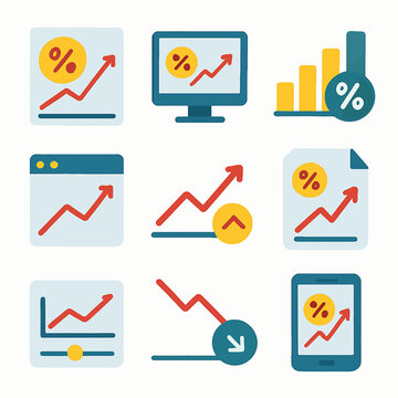 A set of colorful icons illustrating growth and decline in percentage data across various digital platforms.