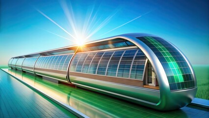 Futuristic Eco-Friendly High-Speed Train with Solar Panels on a Green Track at Sunrise