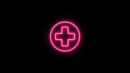 Glowing neon line round plus sign on the black background.