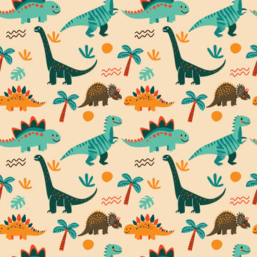 Cute Dinosaur Jungle Seamless Pattern