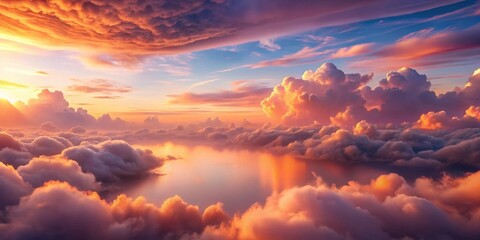 Golden Hour Above a Sea of Clouds A Breathtaking Aerial View of a Sunset's Radiant Hues and Dramatic Cloud Formations