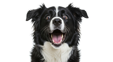 A close-up portrait of a Border Collie with an excited expression, mouth open.