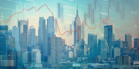 forex chart on cityscape with skyscrapers wallpaper double exposure. financial research concept.