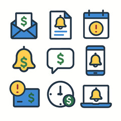 A collection of colorful, outlined icons representing financial notifications, alerts, and communication.