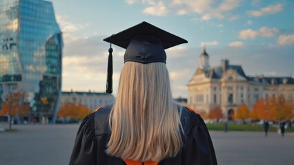 Graduation ceremony university campus portrait urban setting rear achievement celebration