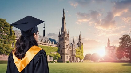 Graduation celebration of student at historic university campus evening sky photograph inspirational atmosphere