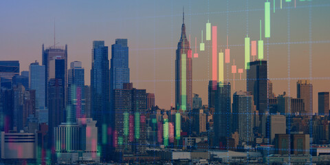 forex chart on cityscape with skyscrapers wallpaper double exposure. financial research concept.