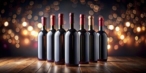 A Festive Arrangement of Elegant Wine Bottles on a Rustic Wooden Tabletop with a Warm, Sparkling Background