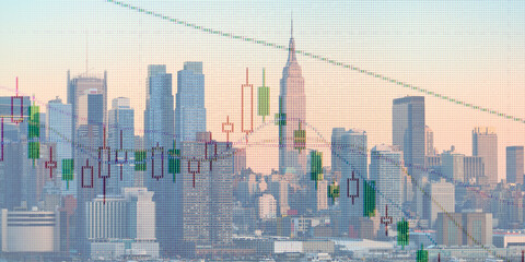 forex chart on cityscape with skyscrapers wallpaper double exposure. financial research concept.
