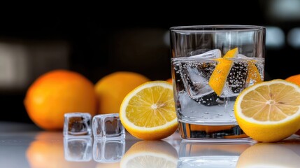 Refreshing citrus beverage with sparkling water and ice cubes on glossy surface