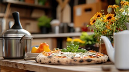Artisan pizza arrangement on a wooden table with rustic kitchen background