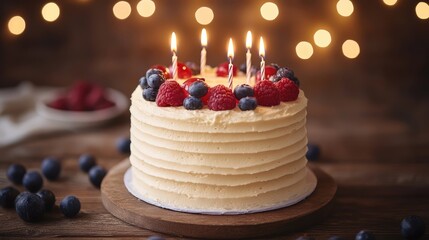 Celebratory Birthday Cake Adorned with Fresh Berries and Glowing Candles